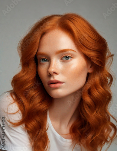 Portrait of redhead young woman model. Ginger young female. Perfect skin with freckles. Advertising. Studio shot for advert, ads. Fashion, makeup, skincare, jewelery. Web resource in plain background.