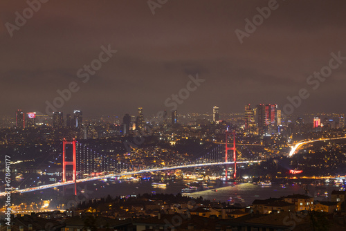 Istanbul view from Camlica Hill at night. Bosphorus Bridge and Istanbul