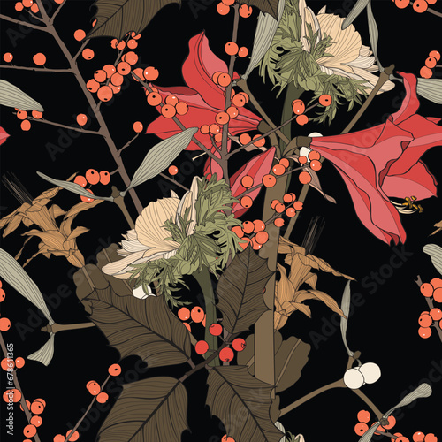 Winter season botanical seamless pattern. Poinsettia, sorbus berries, ilex, mistletoe on black background. Seasonal botany decorative illustration. Wrapping paper, textile, fabric design.