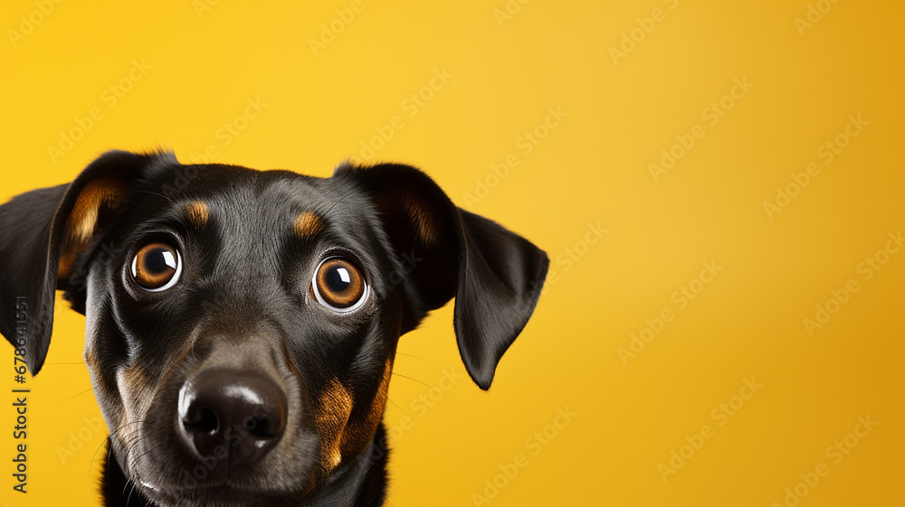 Head shot of a cute black and tan dachshund dog on a yellow background