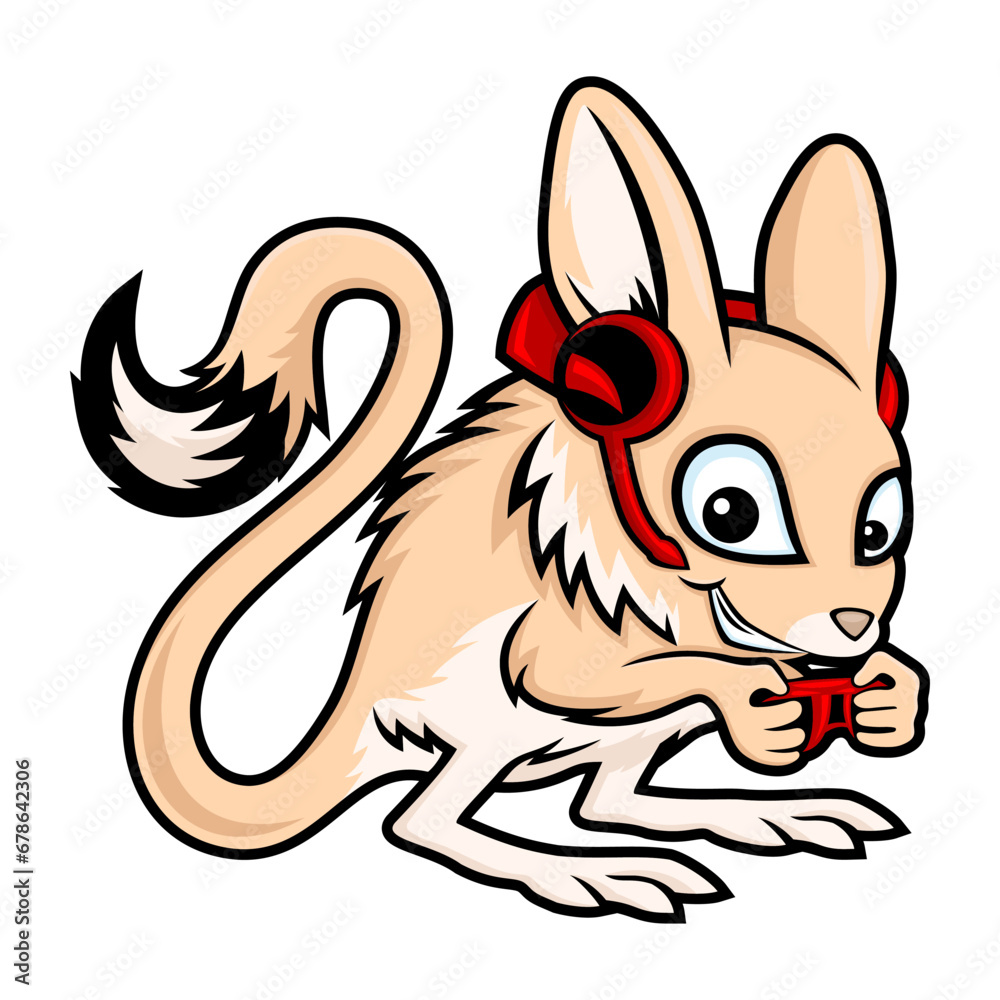Obraz premium Animal jerboa in headphones and with a gamepad on a white background.