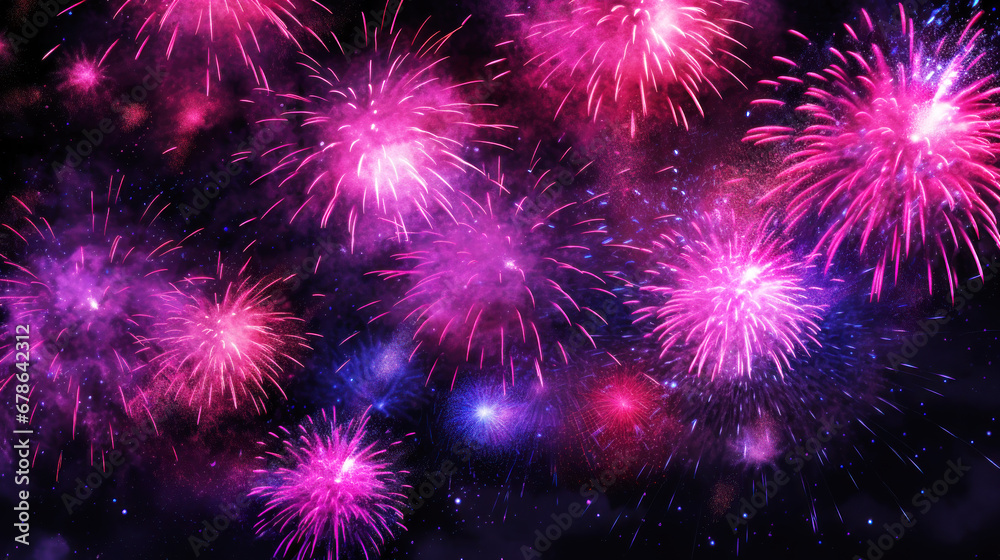 Pink and purple fireworks on a black background