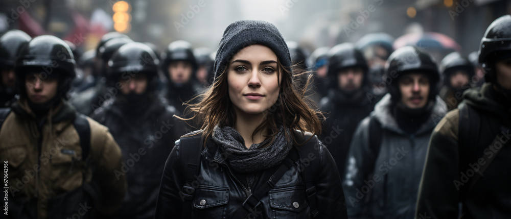 Portrait of a woman in the street with riot police in the background