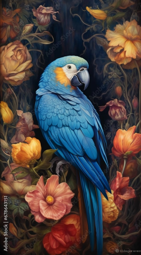 Obraz premium a blue parrot in the midst of flowers, in the style of dark cyan and amber