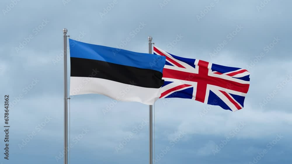 United Kingdom and Estonia flag waving together on cloudy sky, endless seamless loop, two country cooperation concept United Kingdom and Estonia flag waving together on cloudy sky, endless seamless loop, two country cooperation concept