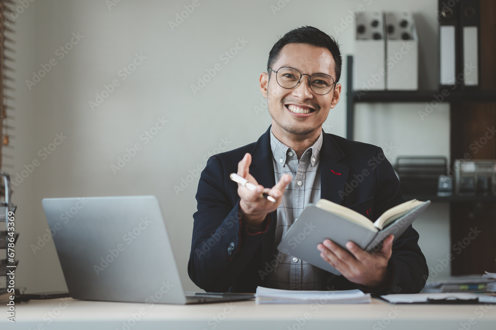 Employee is looking for information on laptop, Recording various information on paper, An entrepreneur is talking on the phone with a company customer, Employee is looking for information on laptop, Recording various information on paper, An entrepreneur is talking on the phone with a company customer,