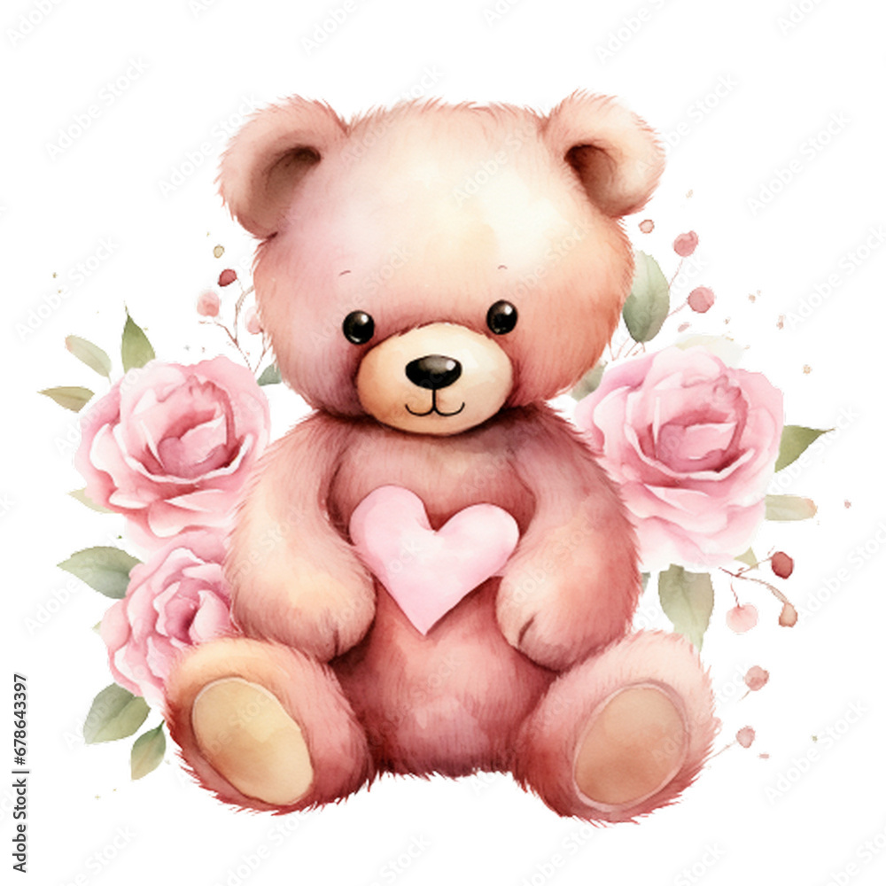 Watercolor Valentine Rose Bear Clipart,Cute watercolor teddy bears