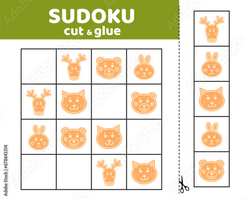 Animals. Sudoku for kids with gingerbreads. Christmas cookie. Sudoku for children. Cut and glue