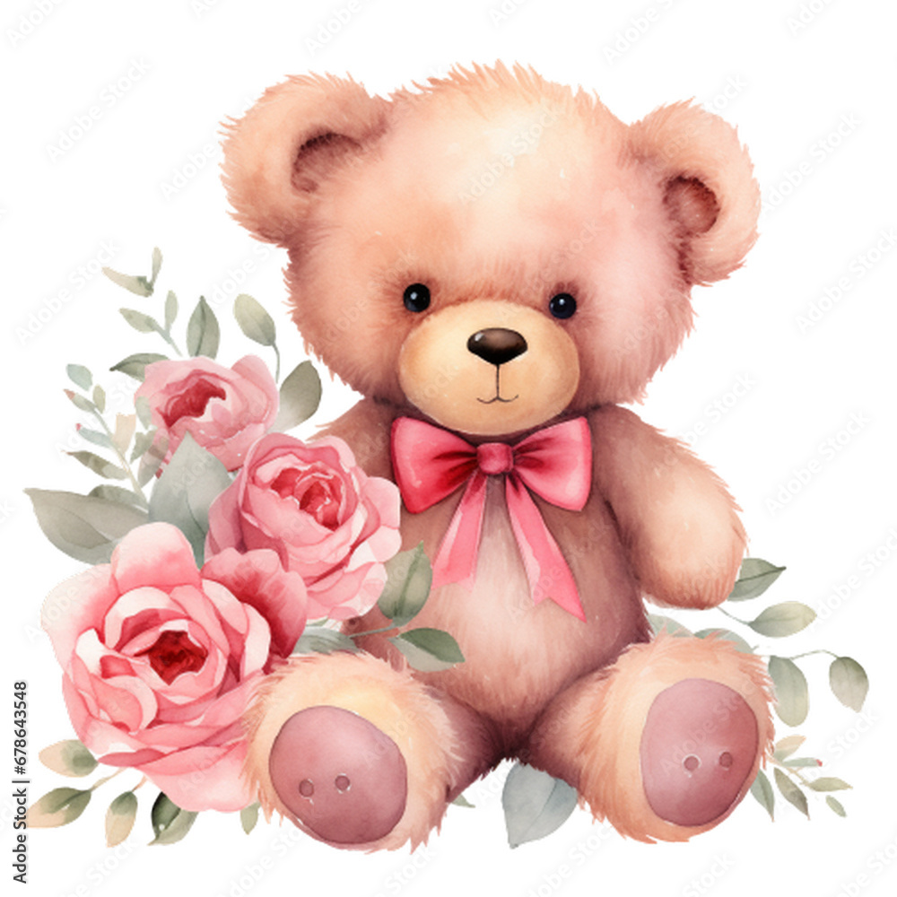 Watercolor Valentine Rose Bear Clipart,Cute watercolor teddy bears