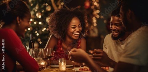 holidays and celebration concept - multiethnic group of happy friends with sparklers having christmas dinner at home photo