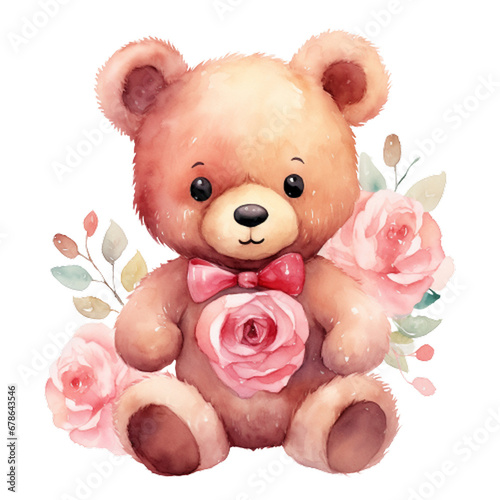 Watercolor Valentine Rose Bear Clipart,Cute watercolor teddy bears, Mother day card, Valentines day card, Clipart,Cute Teddy Bear Clipart, generative ai