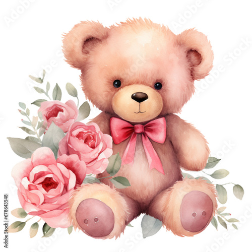 Watercolor Valentine Rose Bear Clipart,Cute watercolor teddy bears, Mother day card, Valentines day card, Clipart,Cute Teddy Bear Clipart, generative ai