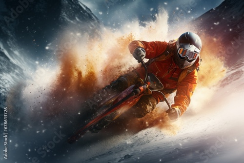 A man descending on a bike in the snowy mountains. Freeride. Downhill bike ride from the mountainside. Flying plump snow photo