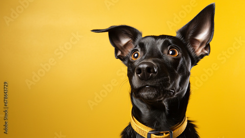 Funny black dog with yellow eyes on yellow background. Studio shot.