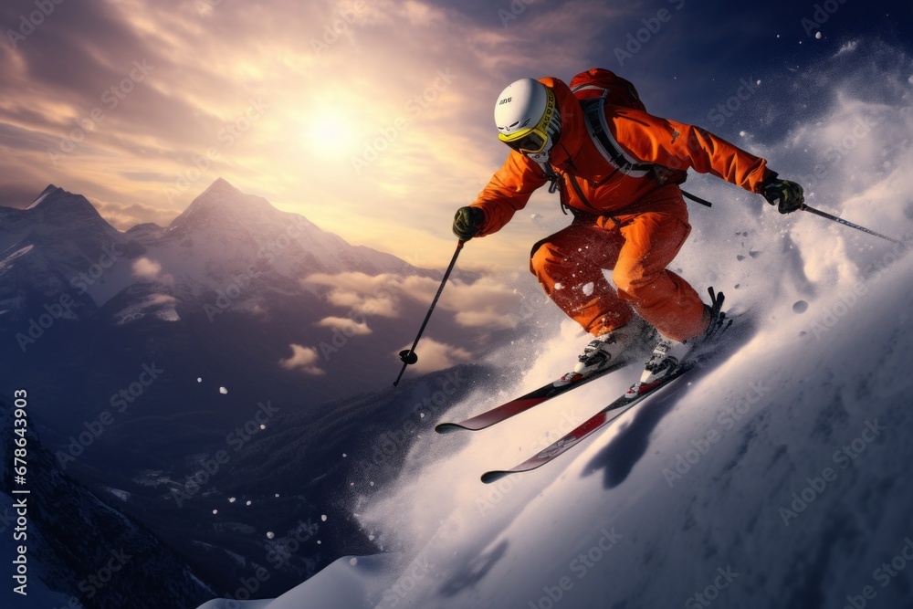 A man skiing down in the snowy mountains. Freeride. Downhill skiing from the mountainside. Beautiful mountain landscape. A man skiing down in the snowy mountains. Freeride. Downhill skiing from the mountainside. Beautiful mountain landscape.