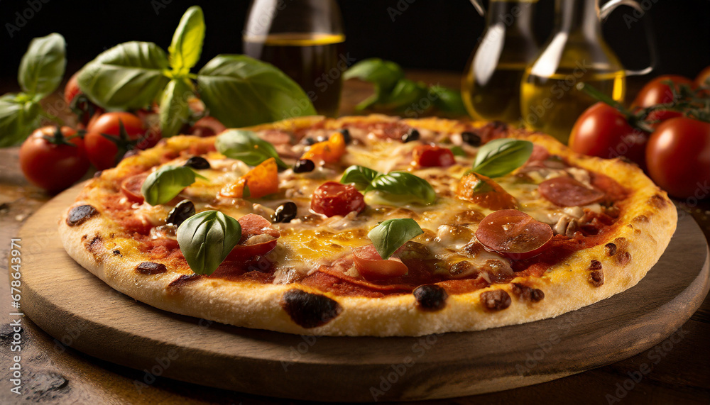 pizza with basil cheese and olives