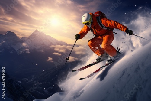 A man skiing down in the snowy mountains. Freeride. Downhill skiing from the mountainside. Beautiful mountain landscape.