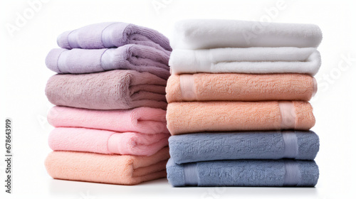 Towels stacked in a pile on a white background