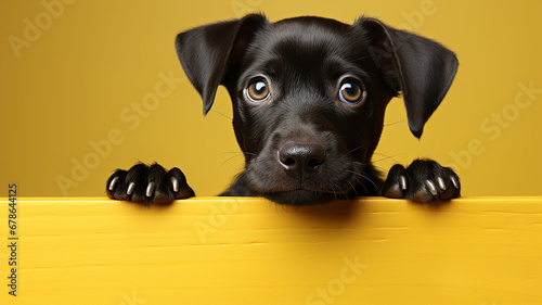 Funny black puppy peeking from behind a yellow board on a yellow background © D-stock photo