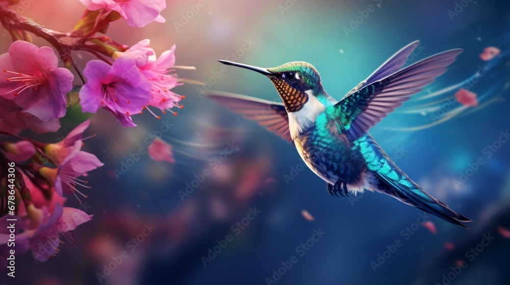 Obraz premium A hummingbird, drawn to a colorful blossom, capturing the essence of wild beauty.