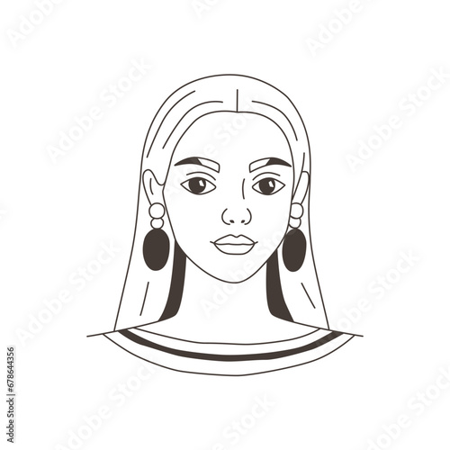 Portrait of woman in doodle hand drawn style. Avatar of girl, face, head, sketch, lines, outline for design. Simple icon isolated vector illustration.