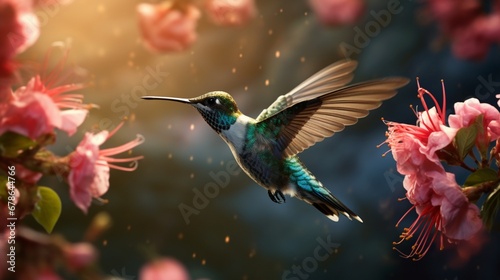 A hummingbird, hovering near a vibrant blossom, a fleeting moment of nature's magic. © rehman