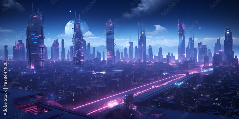 Sci fi cyberpunk modern city in neon lights
