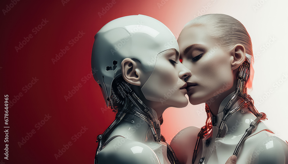 Two android robots hugging, valentine's day concept