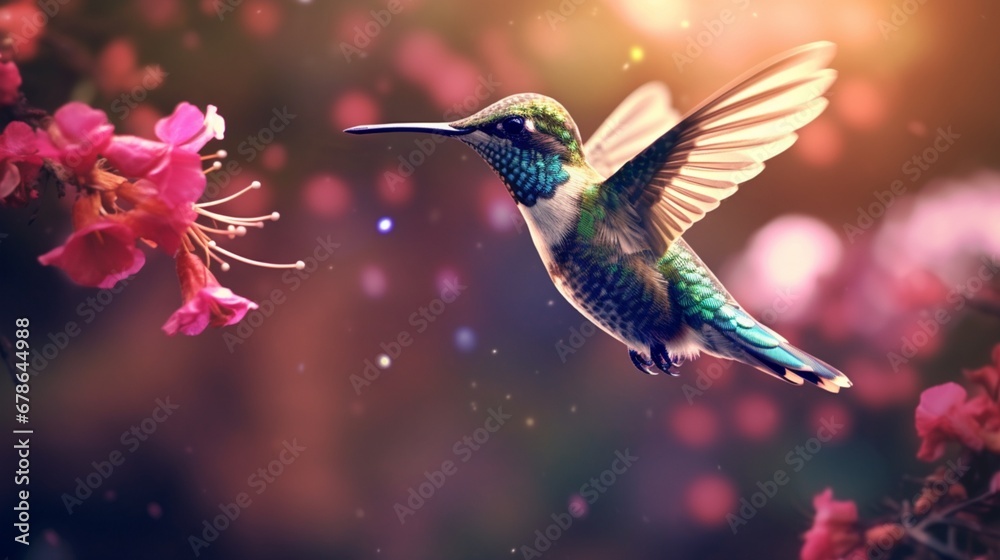 Fototapeta premium A hummingbird, hovering near a vibrant blossom, a fleeting moment of nature's magic.