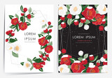 Vector Illustration of Floral Frame Set with Snowfall on Fully Bloomed Camellia Branches 