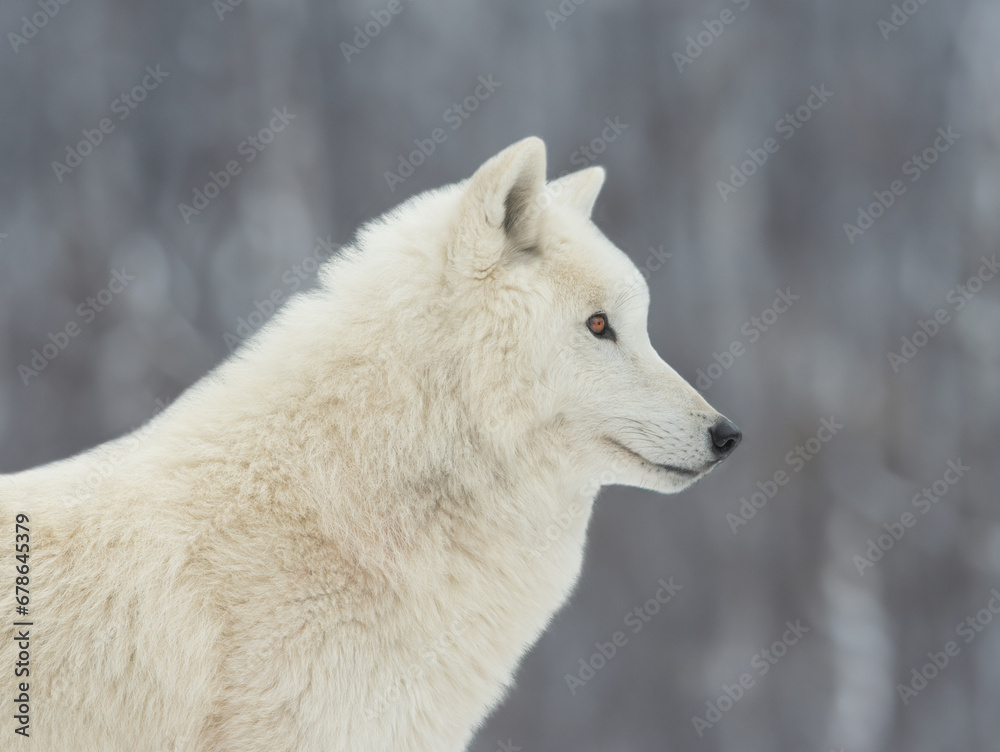 polar wolf sitting against the backdrop of a snowy forest polar wolf sitting against the backdrop of a snowy forest