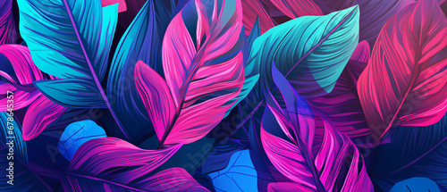 Tropical leaves in bright creative pink and blue color