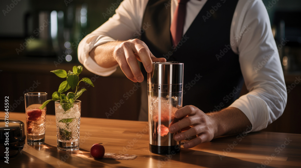 bartender pouring cocktail in bar, Cocktail shaker in action.