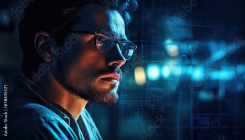 Close up of Handsome Businessman wearing glasses looking at pc screen using a desktop computer working at night in the office. Business Graph and chart reflection in his eyeglasses. Overworked Concept photo