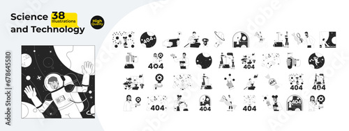 Science and technology black and white 2D illustration concepts bundle. White coat researchers diverse cartoon outline characters isolated on white. Robotics 404 error monochrome vector art collection