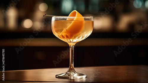 Cocktail glass with a citrus garnish. cocktail on the table