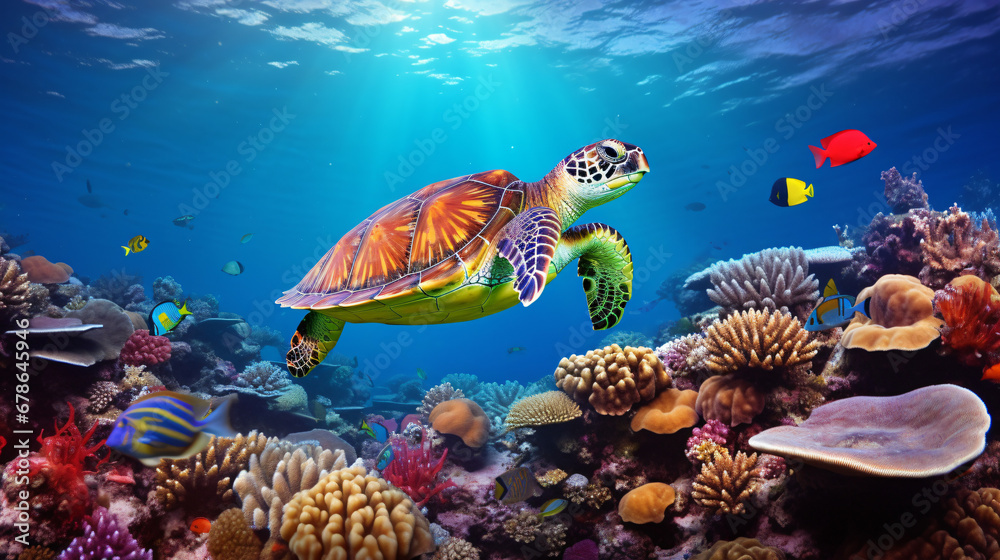 Naklejka premium Turtle with Colorful tropical fish and animal sea
