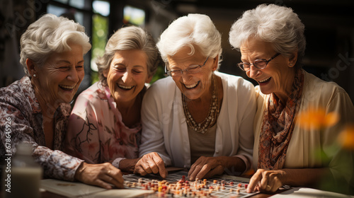 Group of senior women playing board game together in a retirement home.