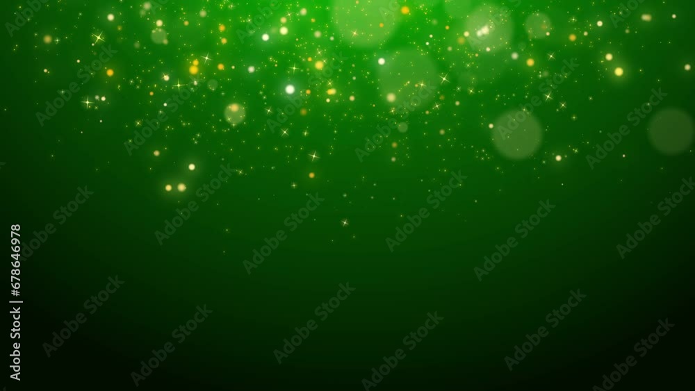 Abstract festive green background with bright shining particles sparks and dust. Looped motion graphics.