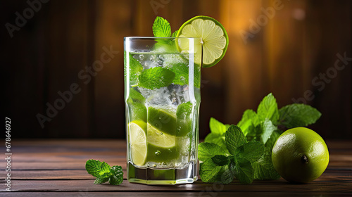 cocktail with lime, Classic mojito cocktail with green mint leaves.