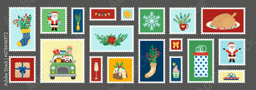Big set of Christmas postage stamps. Christmas marks. Flat  cartoon  vector