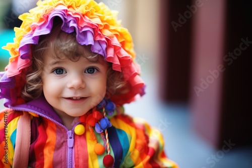 A child dressed in a rainbow outfit.