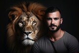 A male lion and a male human portrait.
