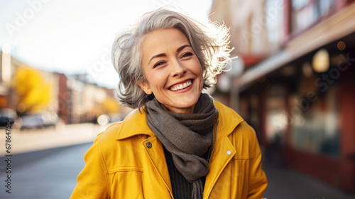 portrait of a smiling elderly woman with gray hair walking on the street