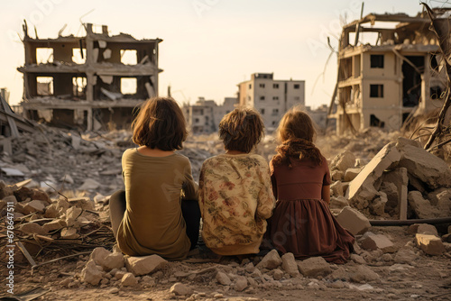 back view of children looking at city destroyed by earthquake, bombing in Morocco, Palestine, Israel