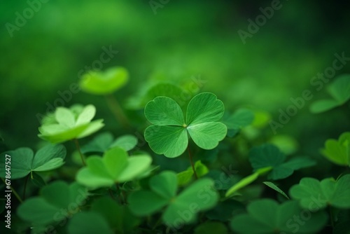 Green clover leaves on a blurred background. Shallow depth of field.