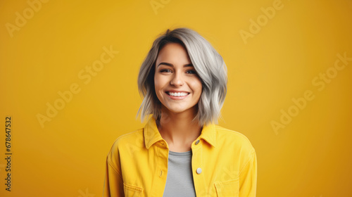 Portrait of a beautiful smiling gray haired woman against yellow background looking at camera