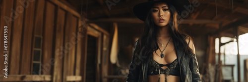 A Beautiful Badass Asian Cowgirl wearing Lingerwear - Amazing Cowgirl Background - Clothes are in the Raw, Tough and Grunge Style - Asian Cowgirl Wallpaper created with Generative AI Technology