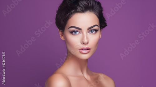 Portrait of a beautiful, elegant, sexy Caucasian woman with perfect skin, on a purple background, banner.