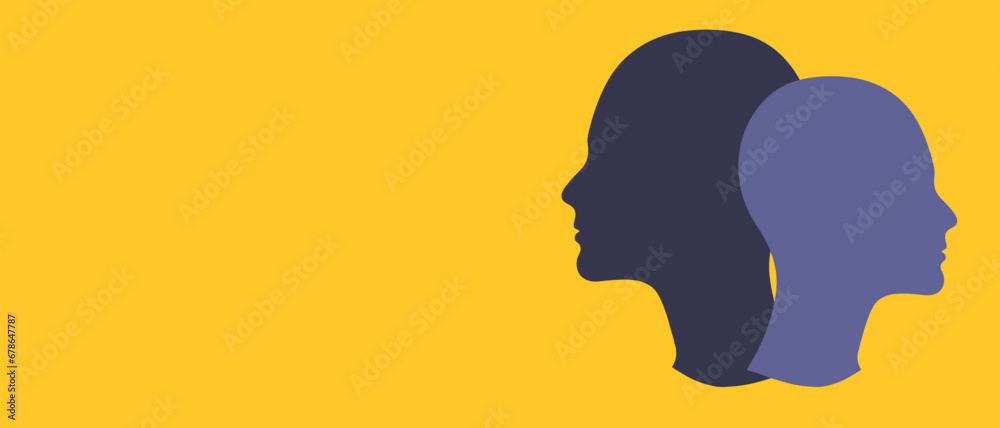 two faces of woman in yellow background 